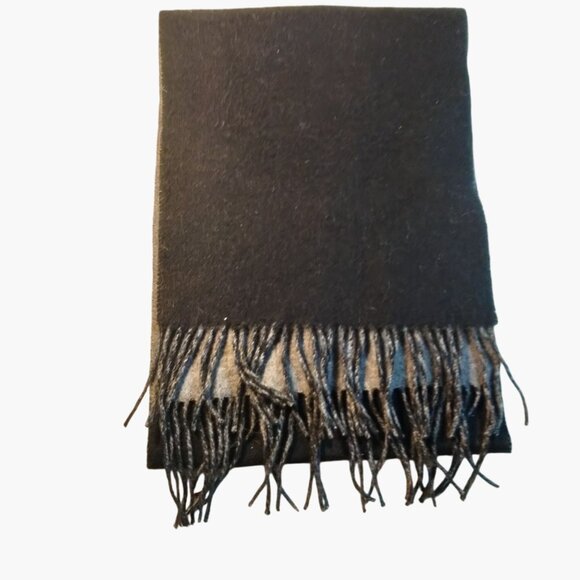 Alashan Reversible Wool Scarf Fringe Black Gray Merino Cashmere - Picture 2 of 6